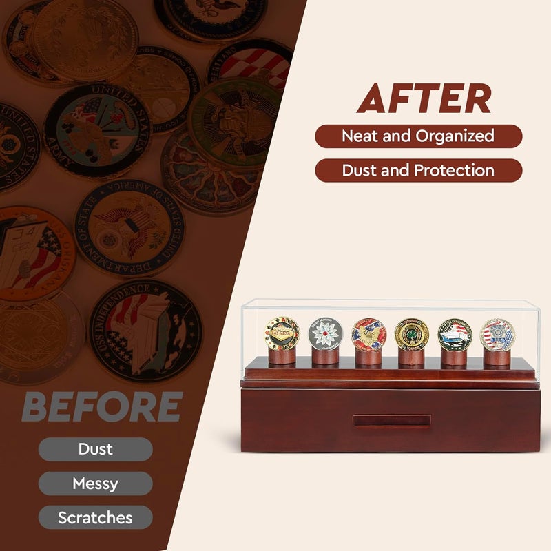 ULTRGEE Challenge Coin Display Case, Military Coin Collection Holder with Wooden Coin Box, Drawers, and Clear Acrylic Lid – Gifts for Coins Collectors (6 Pillars) - Image 5